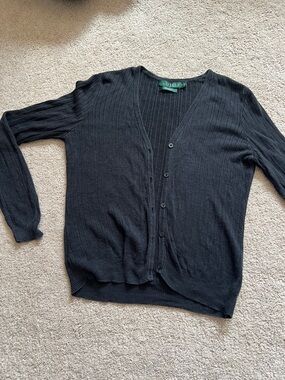 Lauren Ralph Lauren Black Ribbed V-Neck Cardigan